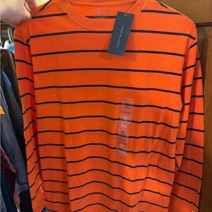 Tommy Hilfiger Men's Orange and Black Striped Long Sleeve Tee